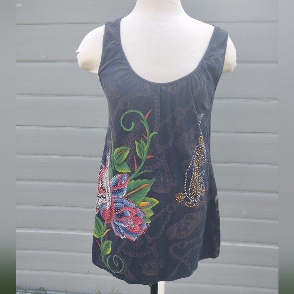 Christian Audigier Tops - Christian Audigier Y2K Womens Black Rhinestone Roses Tank Top Blouse M